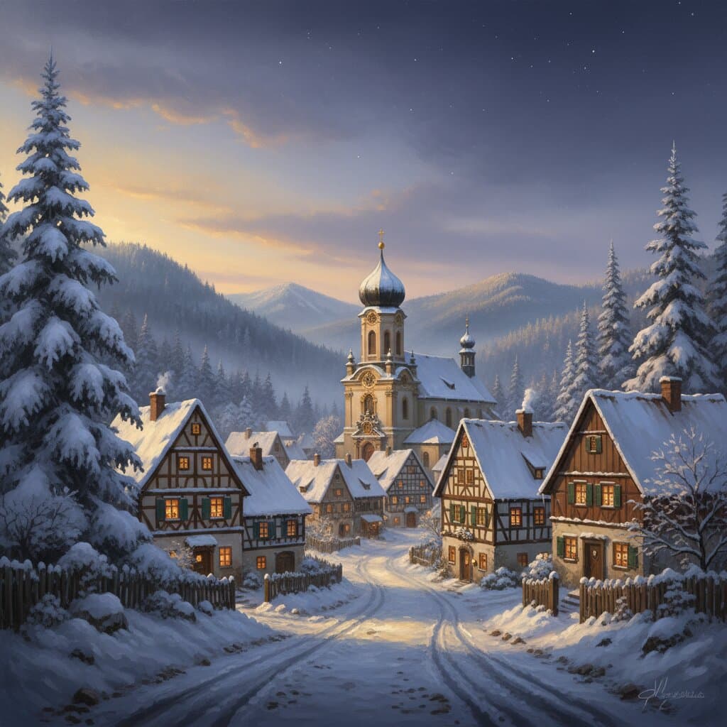 A Saxon village at twilight — the Vogtland region where the lace tradition began