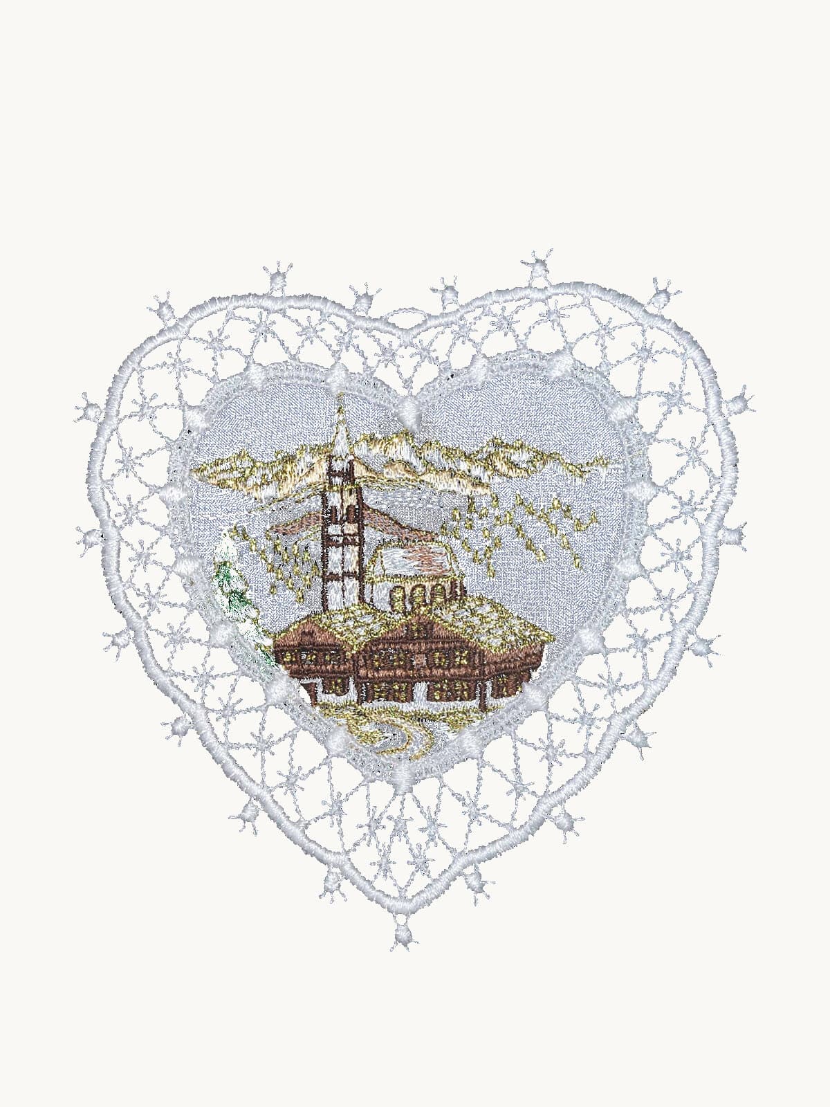 Lace heart frame with alpine village