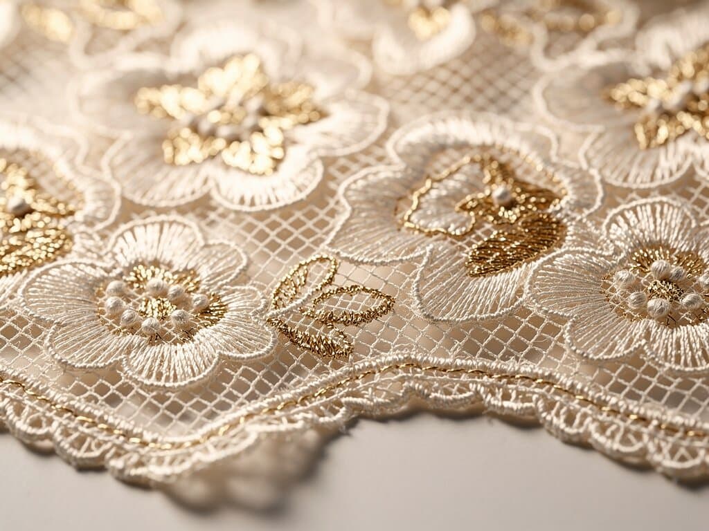 Close-up of fine embroidered lace with gold-accented floral motifs