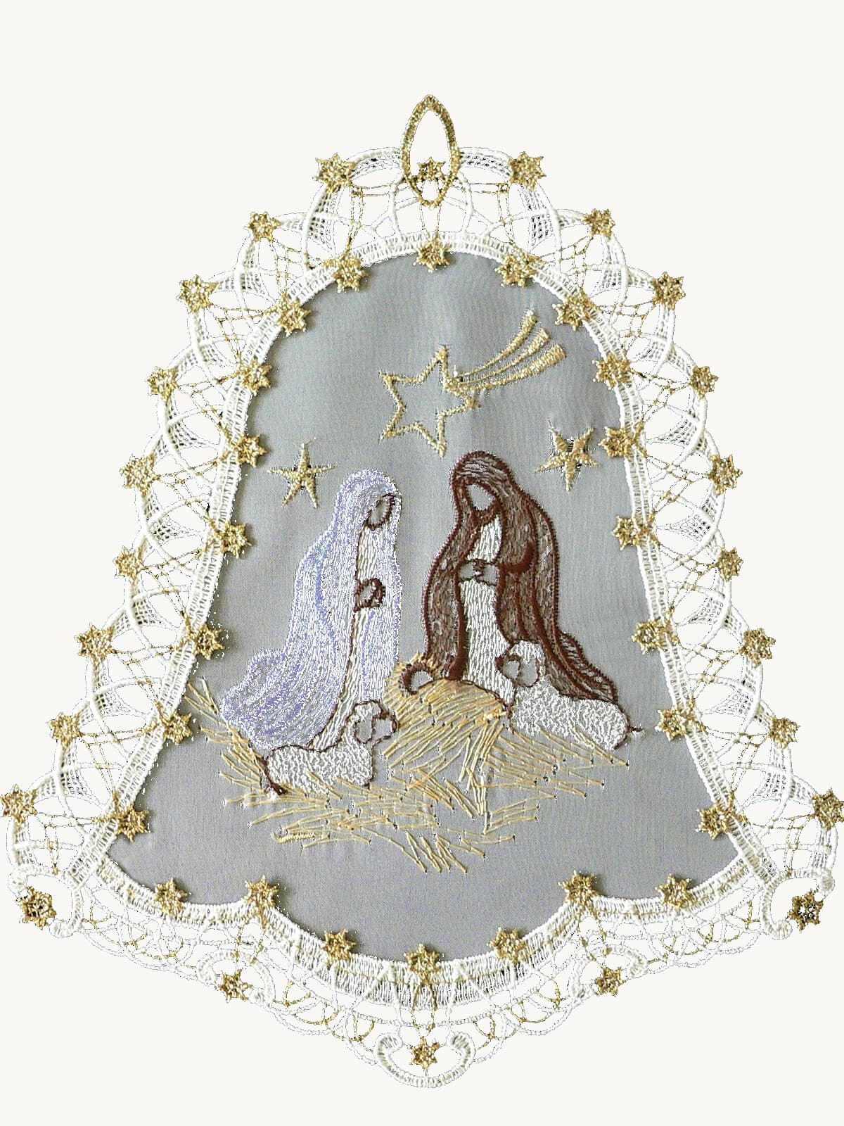 Plauen lace nativity in bell frame