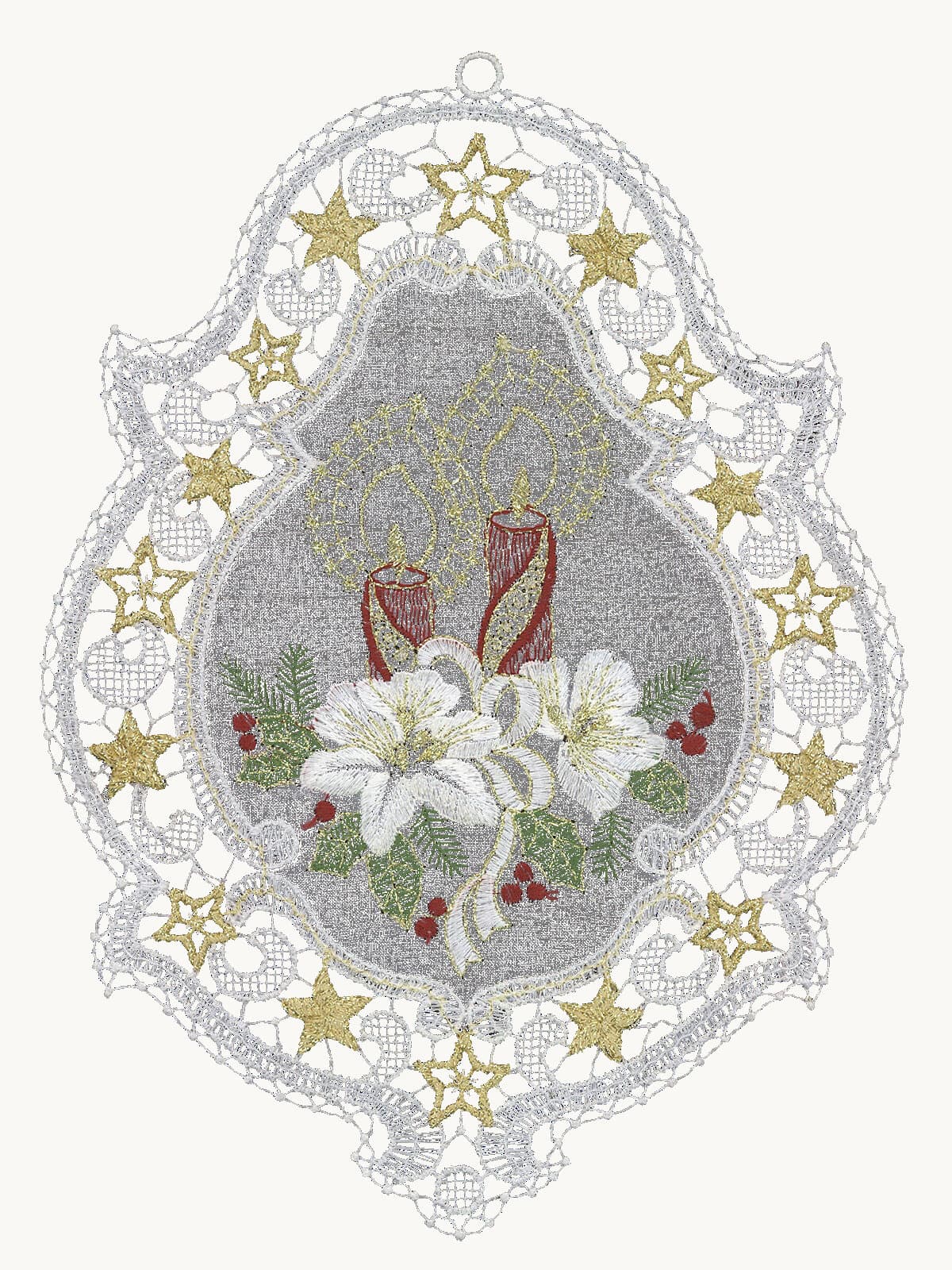 Close-up of Plauen lace craftsmanship — candle and Christrose motif